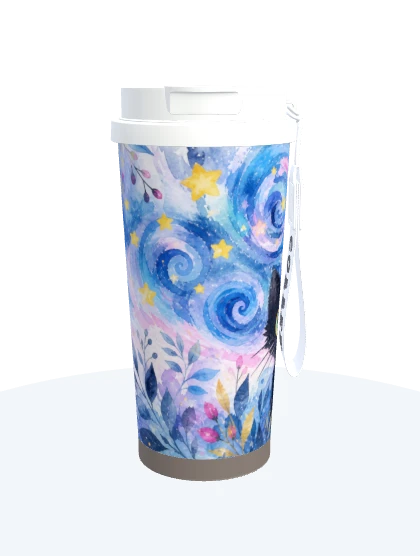把孩子画的星空黑猫，变成一只水彩故事杯正面效果