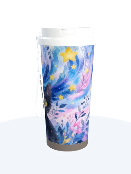把孩子画的星空黑猫，变成一只水彩故事杯背面效果