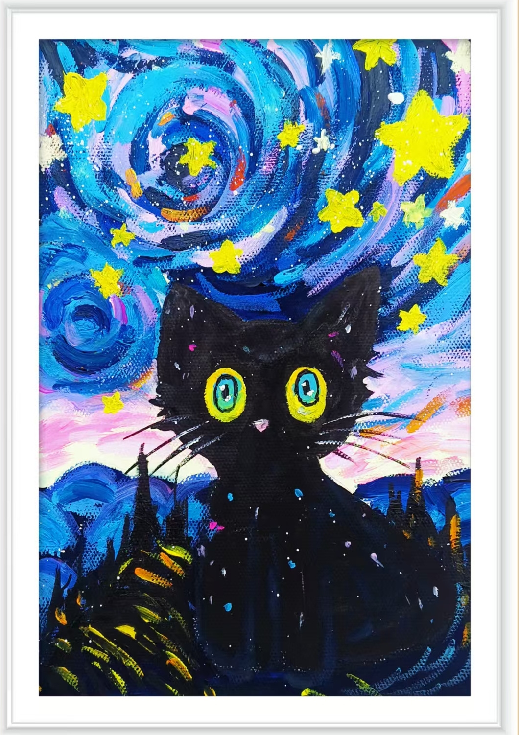 把孩子画的星空黑猫，变成一只水彩故事杯原图