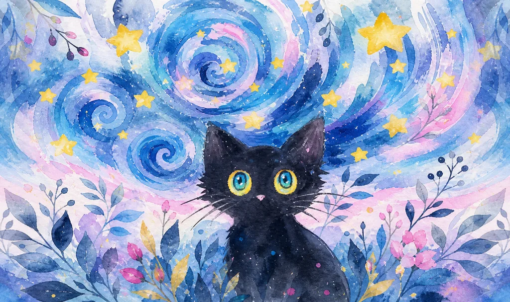 把孩子画的星空黑猫，变成一只水彩故事杯设计结果